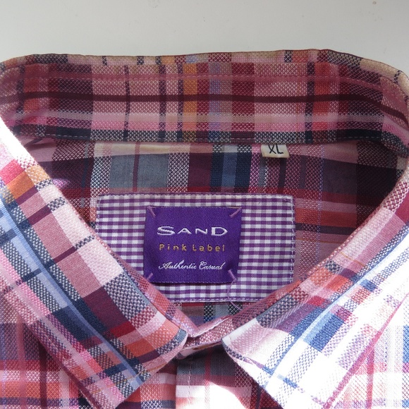 Men's Red Plaid Sand Pink Label Button Down Shirt - Picture 3 of 5